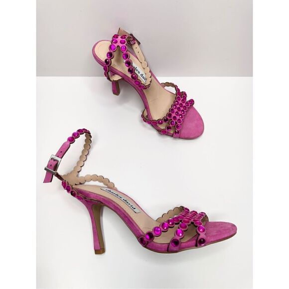 Charles David Sandals Ladies Size 5 Pink Rhinestones Suede Ankle Strap Heels - Picture 8 of 10